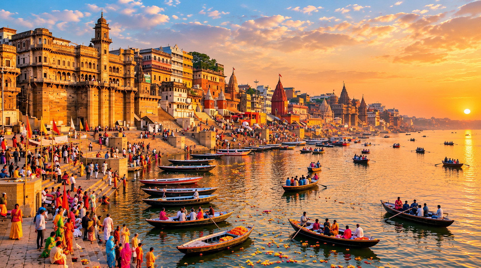 Sunset over the Varanasi ghats on the Ganga
